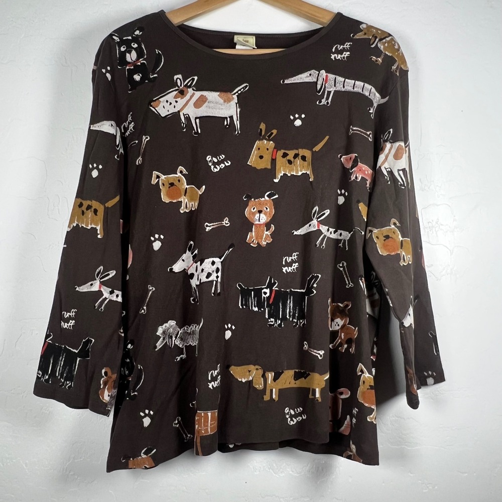 Jess & Jane Critters Dog Print Top Brown Cotton 3/4 Sleeve XL Made in USA
